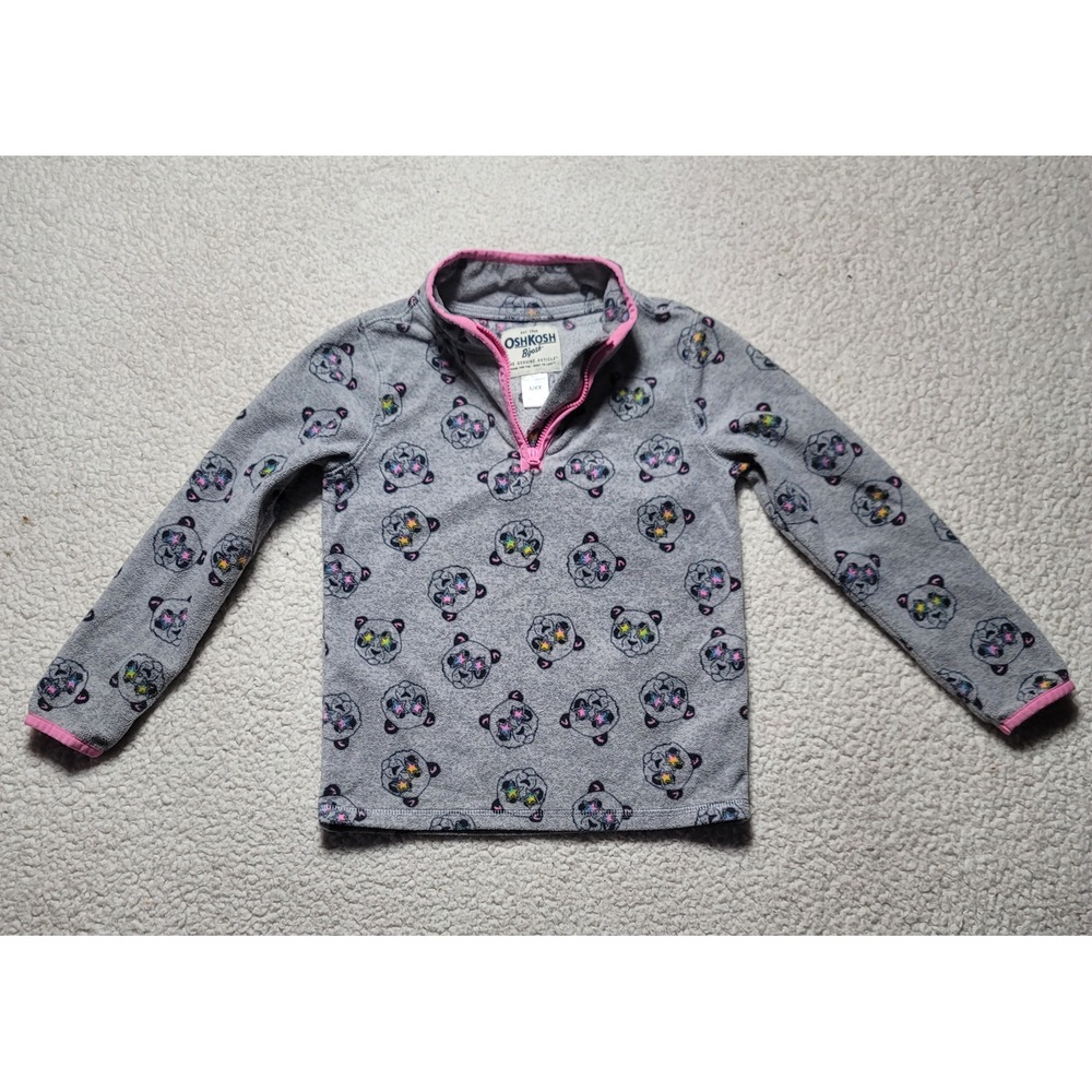 OshKosh Bgosh Girls Gray Panda Star Fleece Quarter Zip Pullover Size 6/6X